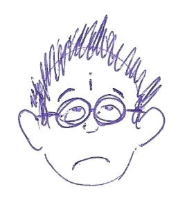 The face of a boy with glasses and a scar on his forehead, rolling his eyes