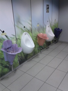 A row of urinals, several of which are shaped and coloured like flowers